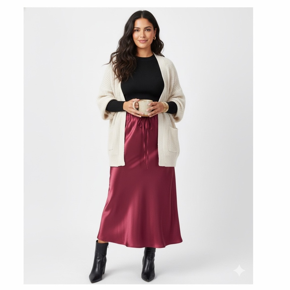 ZBM Burgundy Satin Midi Skirt | Elegant Drawstring Waist‎ Slip Skirt S